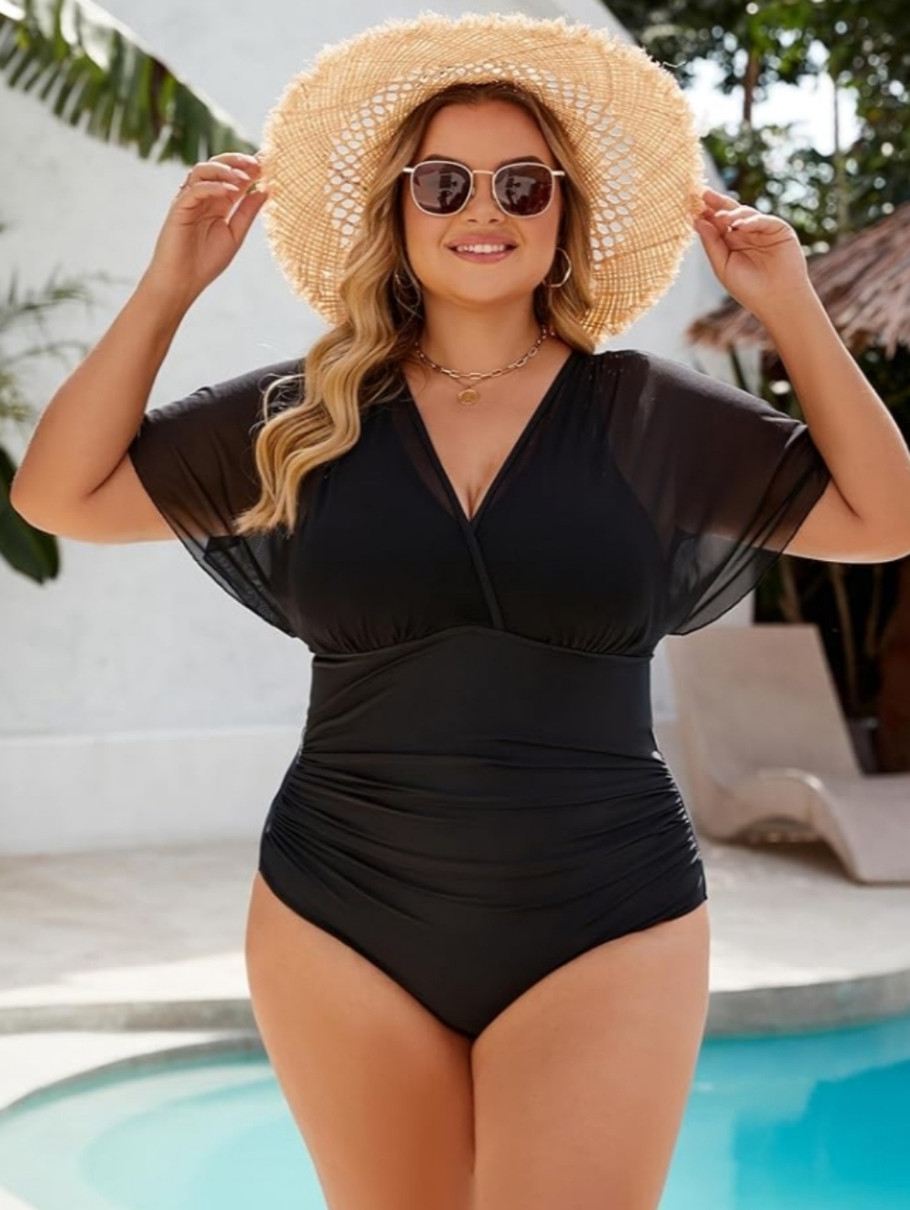 XXL Black V-Neck One-Piece Swim Suit